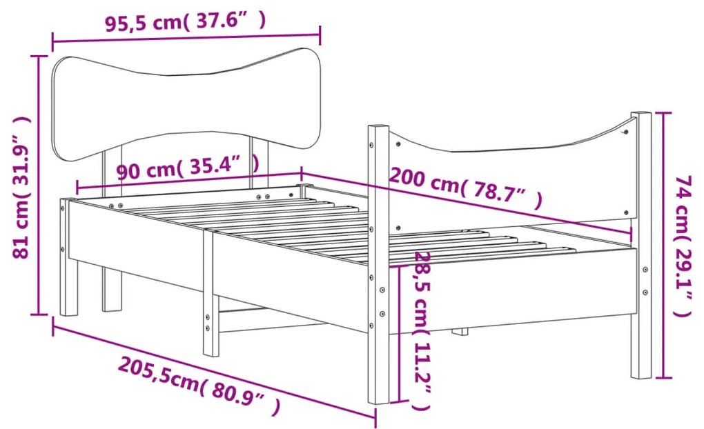 Cama sem colchão 90x200 cm madeira de pinho maciça branco