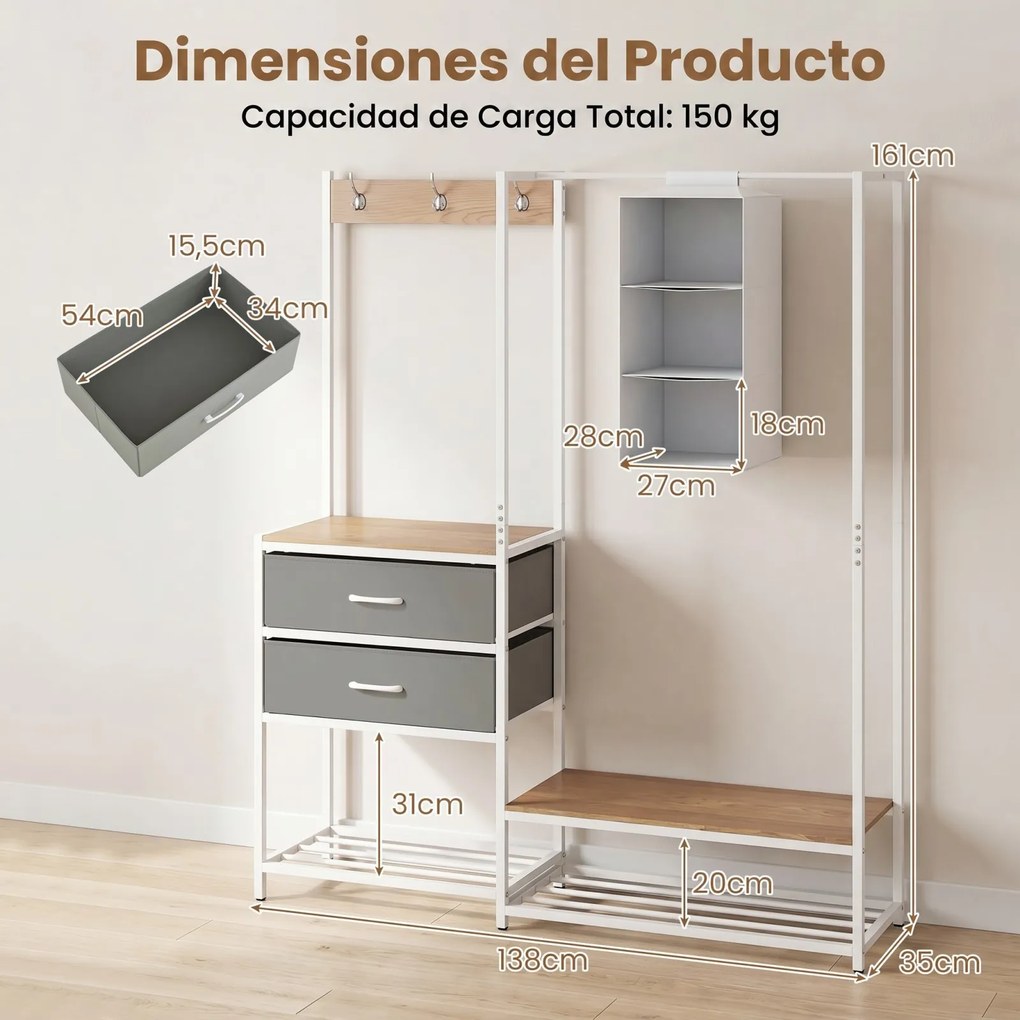 Guarda roupa aberto 138 x 35 x 161 cm com 2 gavetas dobráveis, estantes abertas, 3 ganchos, bolsa e 3 cubos organizadores Natural, branco