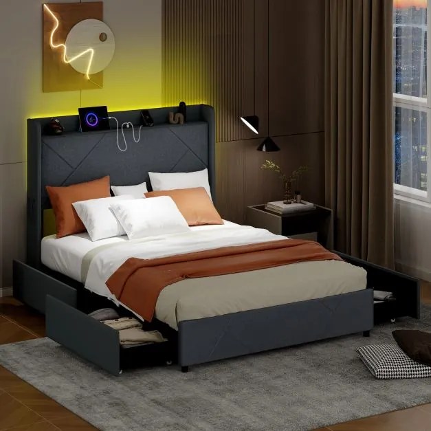 Estrutura de cama dupla com luzes LED 200 x 140 cm (SEM COLCHÃO), com estação de carregamento, e 4 gavetas, cinzenta