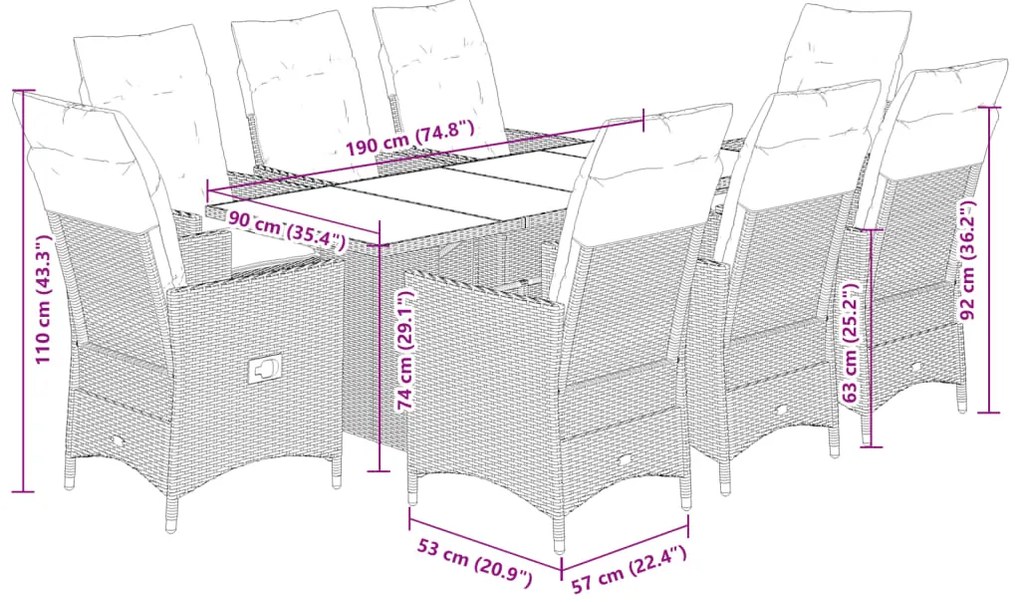 9 pcs conjunto de jantar p/ jardim com almofadões vime PE bege