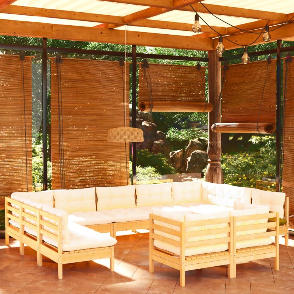vidaXL 11 pcs conjunto lounge jardim c/ almofadões creme pinho maciço