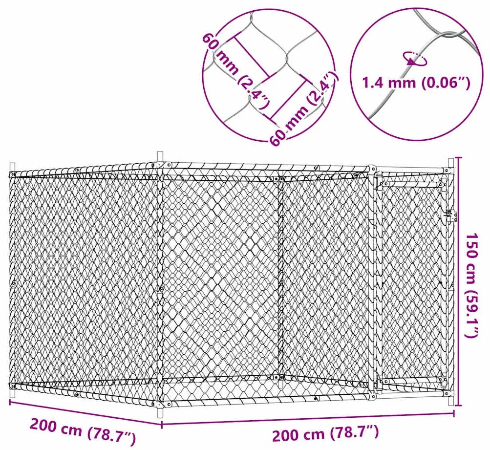 Jaula para cão com porta 2x2x1,5 m aço galvanizado cinzento