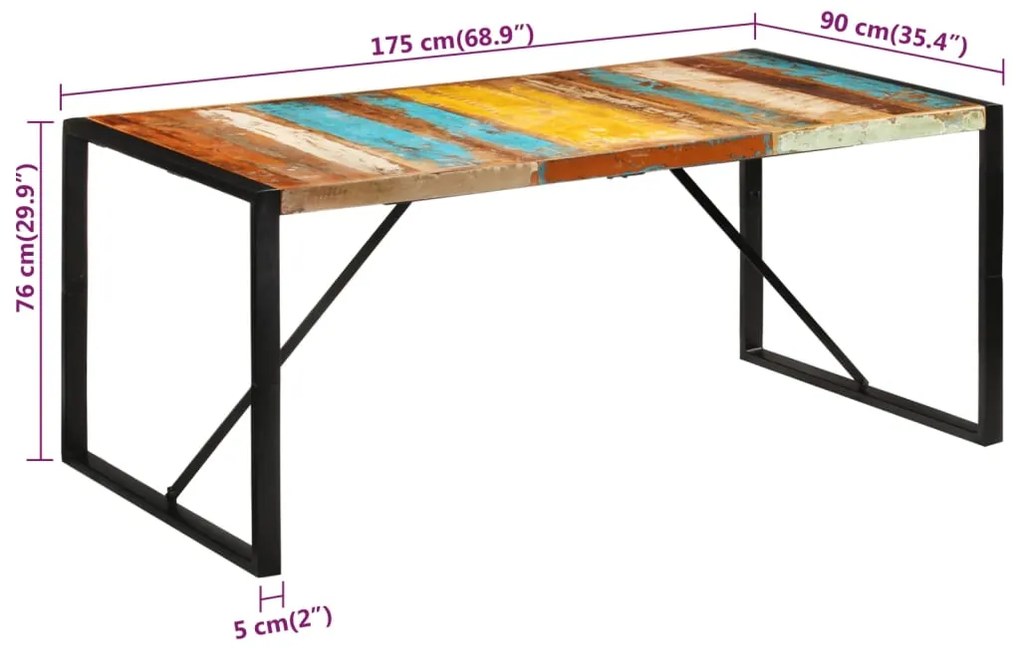 Mesa de jantar 175x90x76 cm madeira recuperada maciça