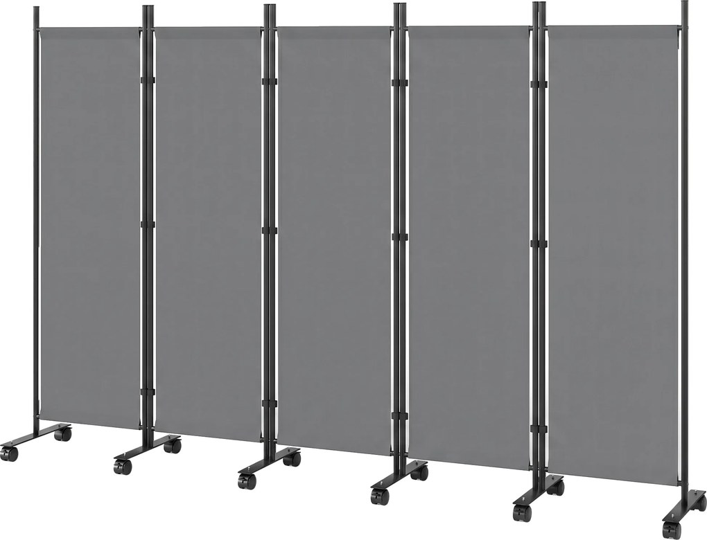 Biombo de Privacidade Dobrável de 5 Painéis, 252 x 40 x 170 cm, Com 12 Rodas, Cinzento-Escuro