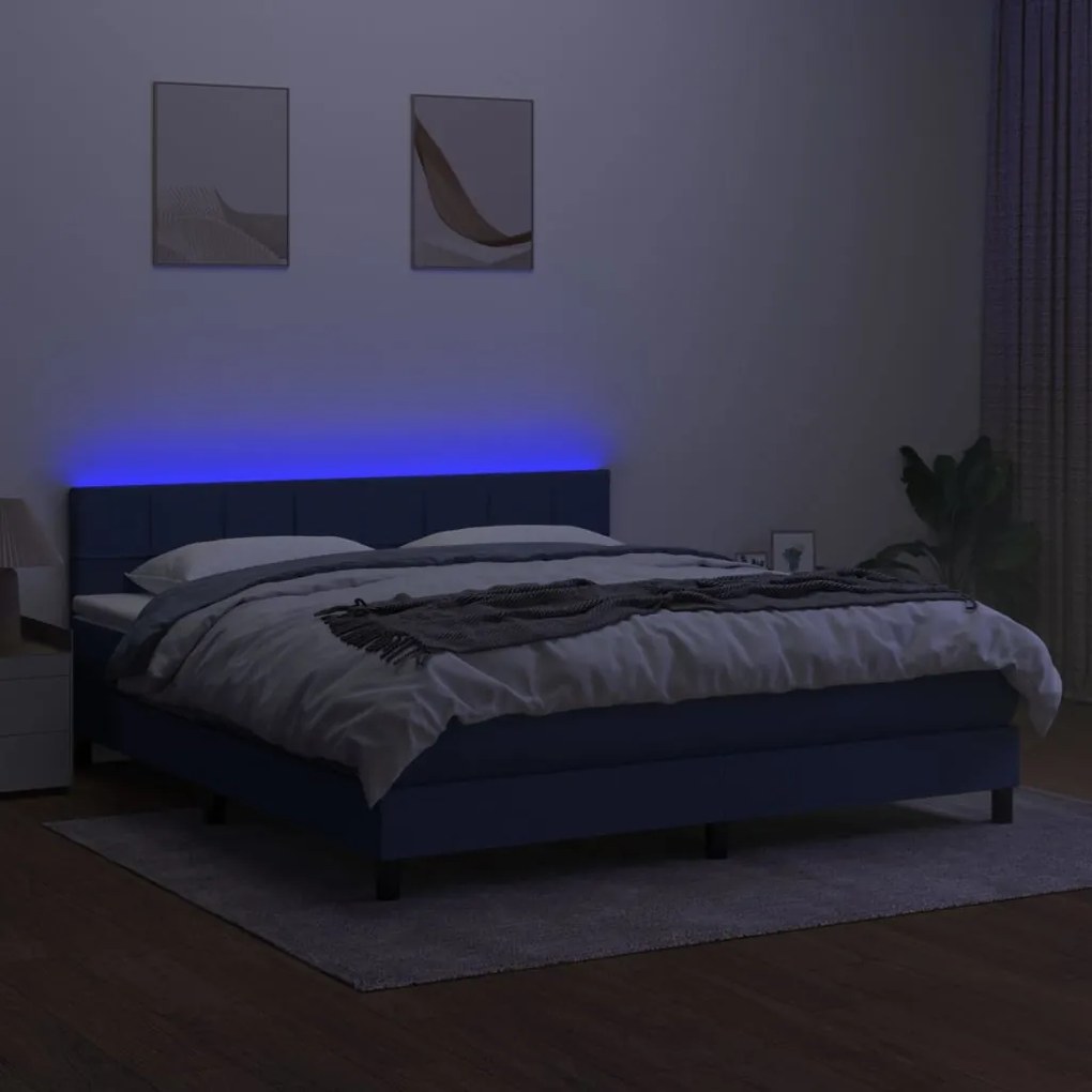 Cama box spring c/ colchão e LED 160x200 cm tecido azul