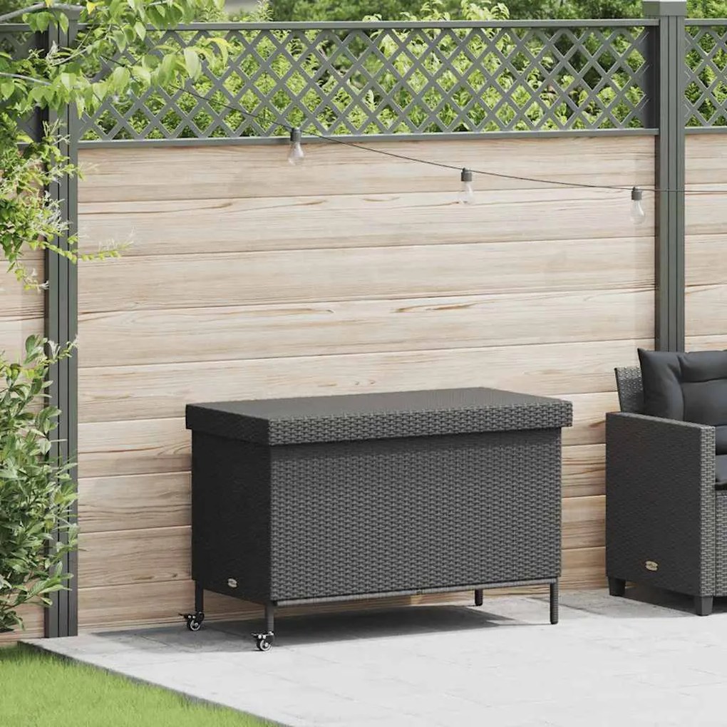 Caixa de arrumação jardim com rodas 110x55x73 cm vime PE preto