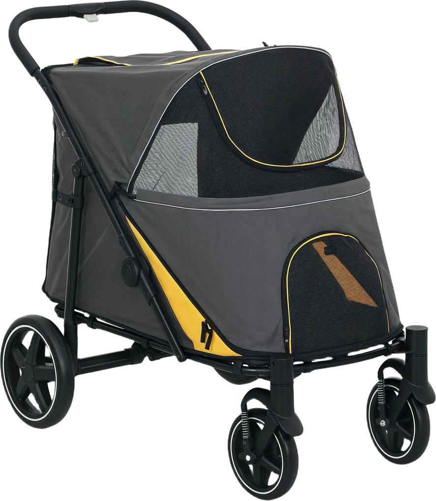 Pawhut Carrinho para Cães Carrinho para Gato 4 Rodas Dobrável com Um Clique Alça de Segurança Carga 30 Kg 112x65x100 cm Cinza Escuro | Aosom Portugal