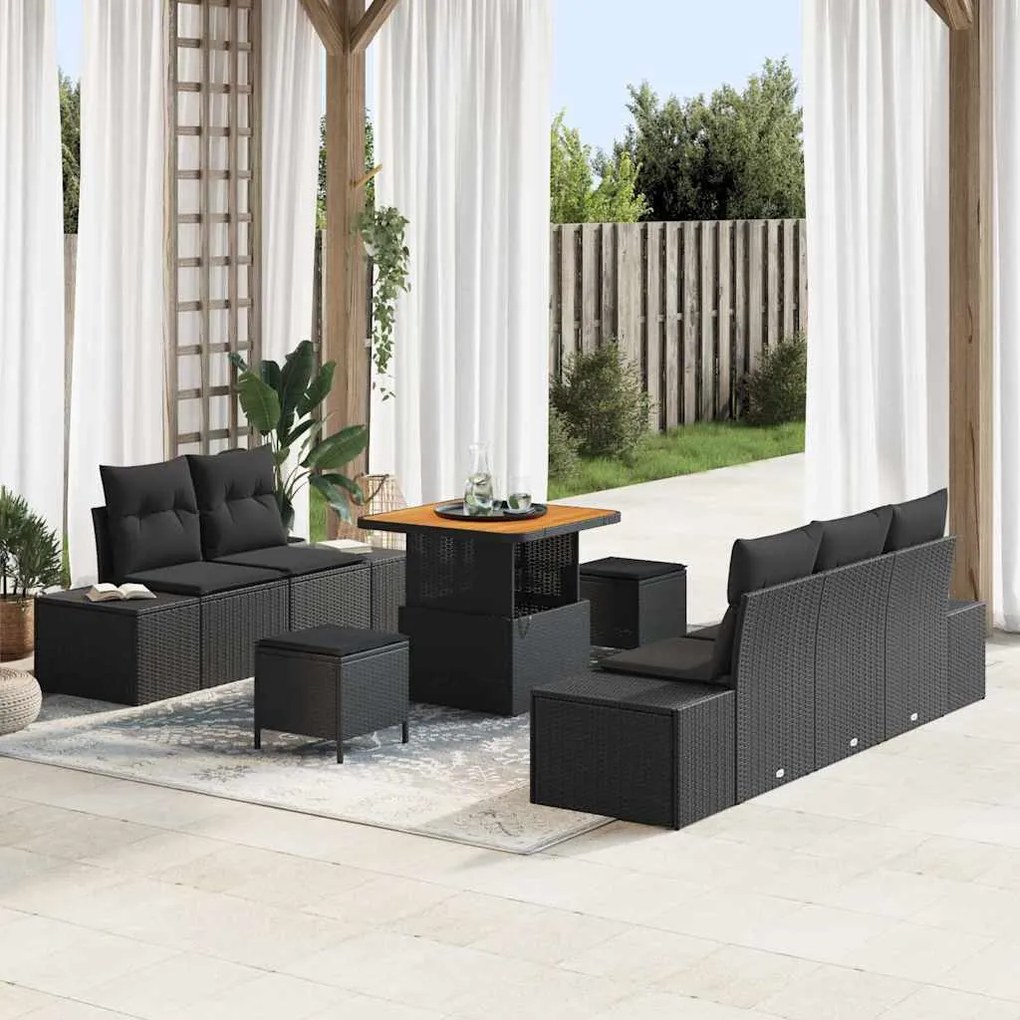 vidaXL Conjunto de Sofá de Jardim com 8 Peças e Almofadas Pretas em Polirattan e Madeira de Acácia