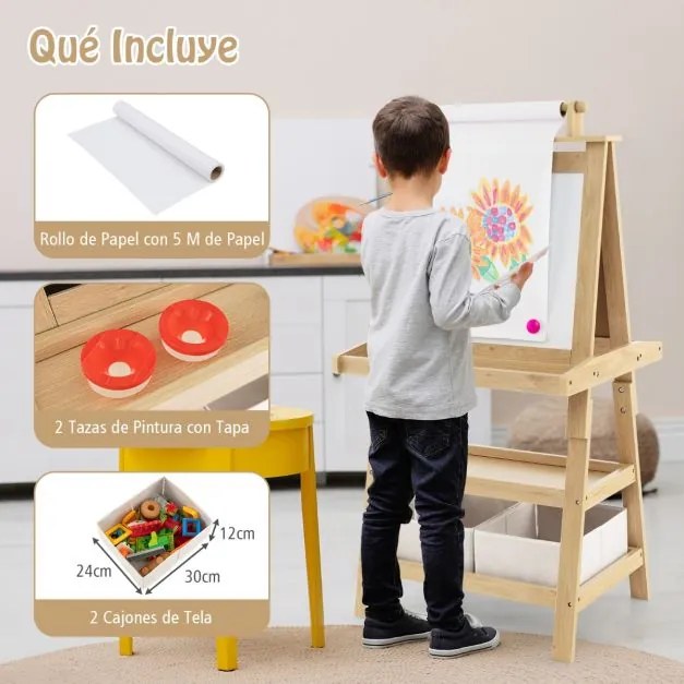 Quadro infantil de dupla face 3 em 1 com 2 prateleiras, 2 caixas e tabuleiro grande 59 x 50 x 117 cm - Natural