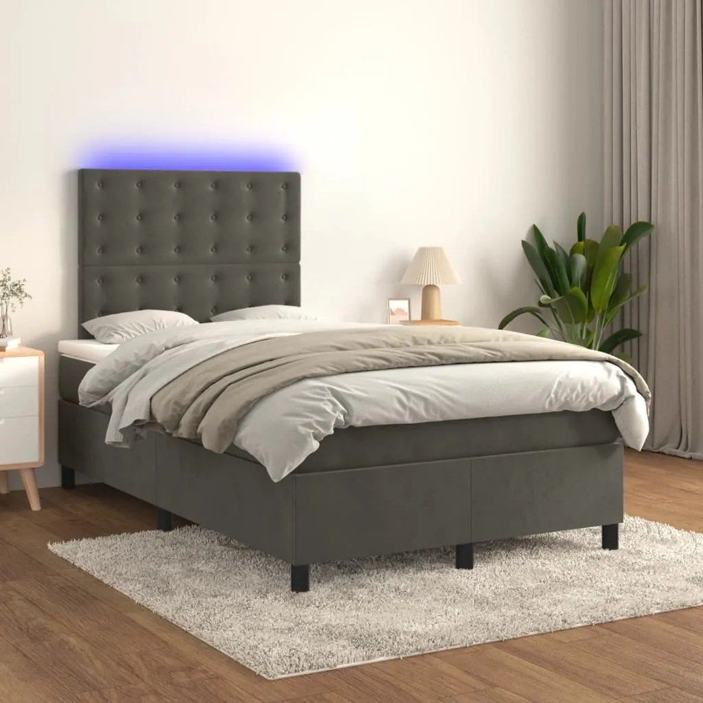 Cama box spring c/ colchão/LED 120x200cm veludo cinzento-escuro