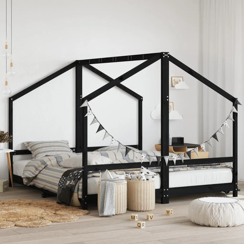 Estrutura de cama infantil 2x(90x200) cm pinho maciço preto
