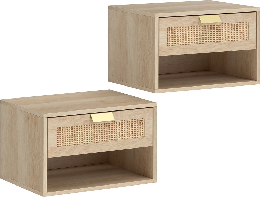 HOMCOM Conjunto de 2 Mesas de Cabeceira Suspensas com Gaveta de Vime Prateleira Aberta Economiza Espaço 40x30x25 cm Carvalho | Aosom Portugal