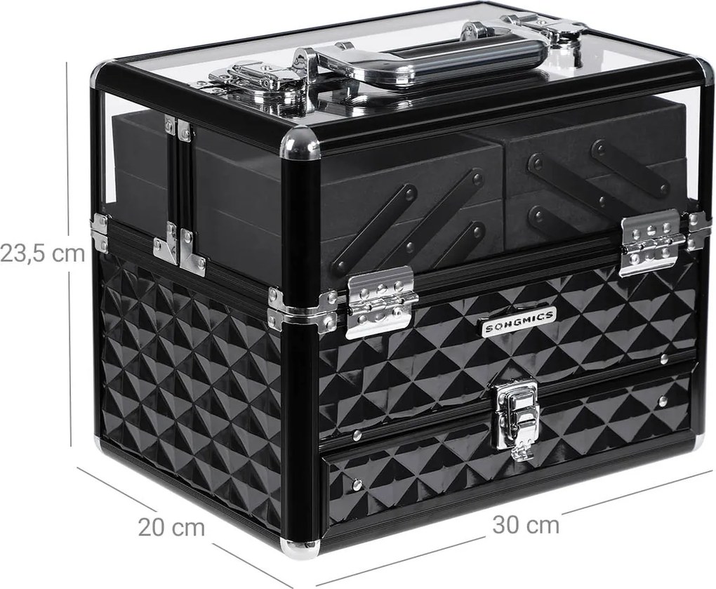 Mala de cosméticos 30 x 23,5 x 20 cm preta e transparente