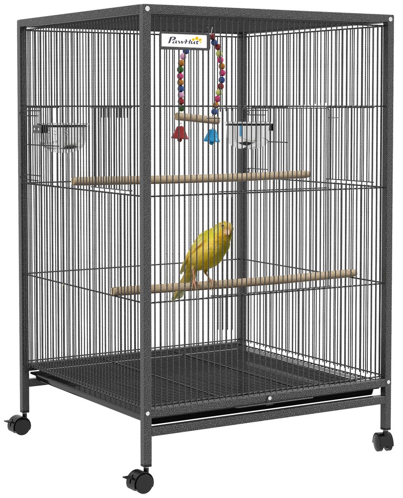 Gaiola para Pássaros com Rodas Gaiola para Aves com Comedouro Poleiro Baloiço e Bandeja Amovível 48x46x74 cm Cinzento