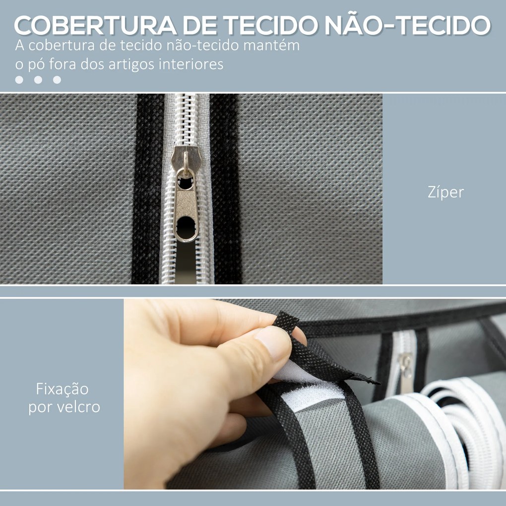 HOMCOM Roupeiro de Tecido Dobrável Armário Portátil com 8 Prateleiras de Armazenamento e 2 Barras de Pendurar Organizador de Roupa para Dormitório Vestidor 125x43x162,5cm Cinza Claro