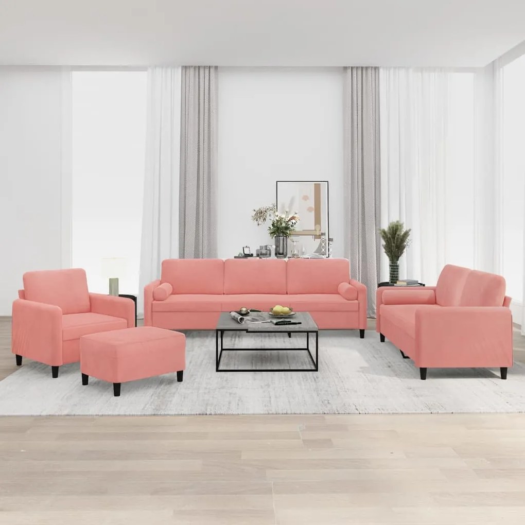 vidaXL 4 pcs conjunto sofás c/ almofadas/almofadões veludo rosa