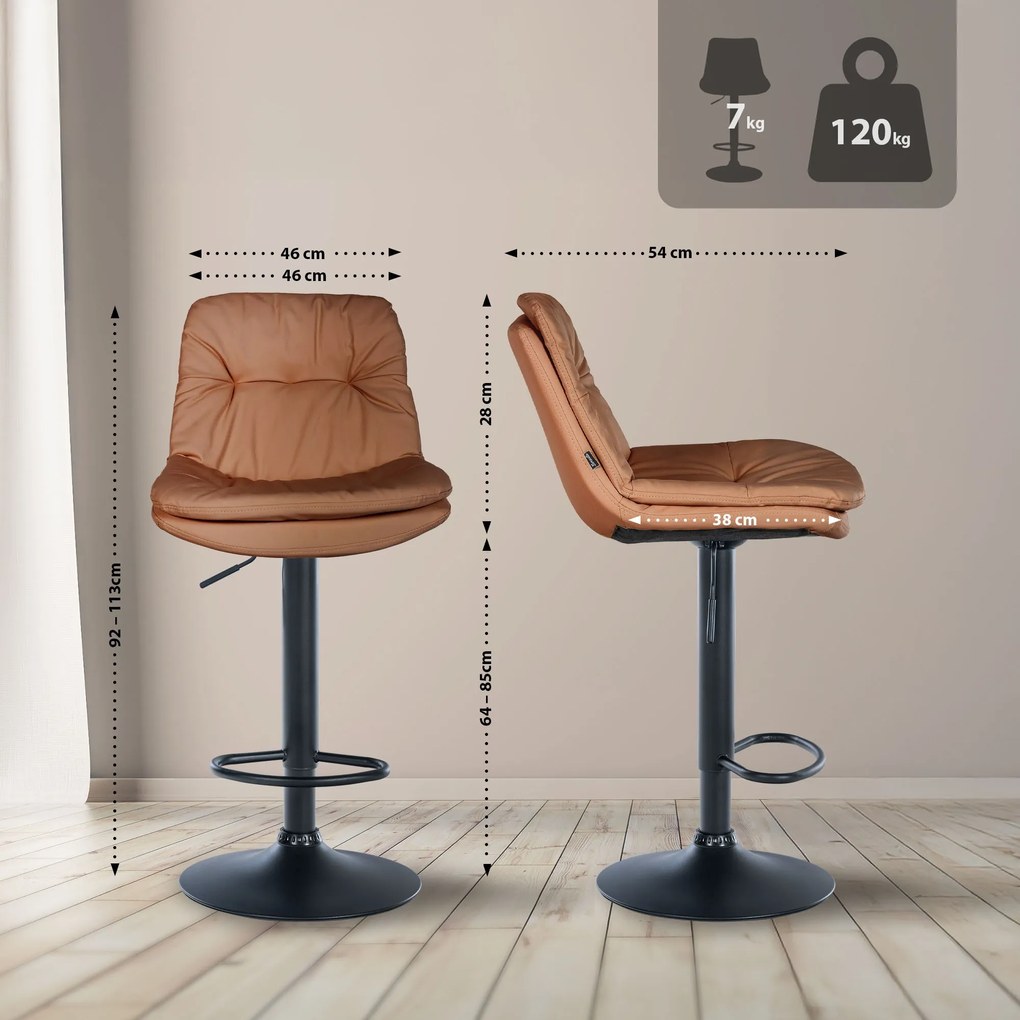 Banco de bar em couro sintético com estrutura preta 92-113 x 46 x 54 cm castanho claro