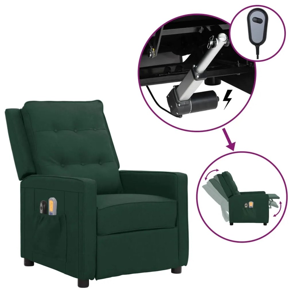 vidaXL Poltrona de massagens elétrica tecido verde-escuro
