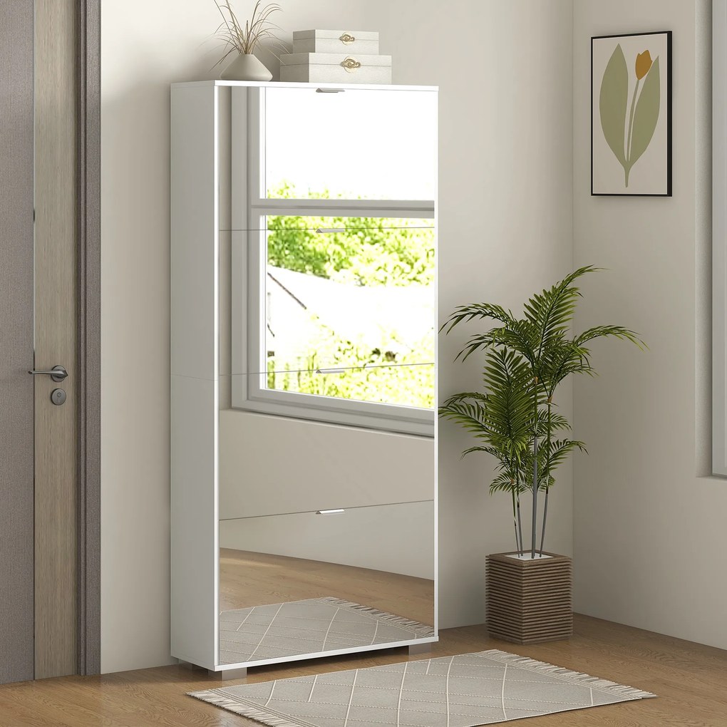 Sapateira 2 em 1 com frentes espelhadas 76 x 26 x 168  cm, 4 portas basculantes, prateleiras ajustáveis, capacidade para até 24 pares, branco