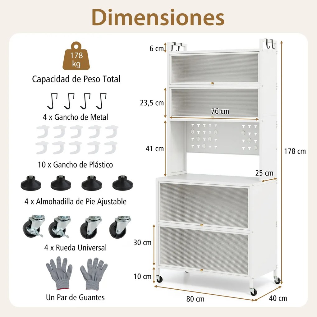 Armário de cozinha de 6 níveis buffet  com estantes Portas com Bancada para micro-ondas 80 x 40 x 178 cm Branco