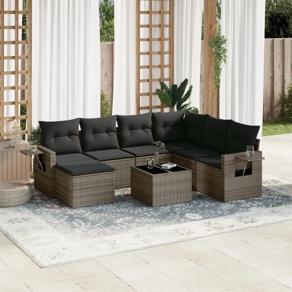 8 pcs conjunto sofás de jardim c/ almofadões vime PE cinzento