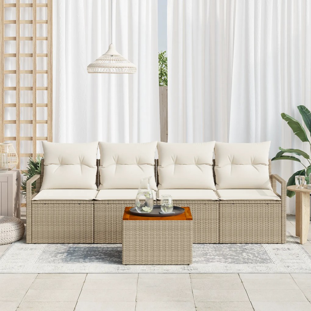 Conjunto de Sofá de Jardim de 5 Peças com Almofadas Bege de Rattan Pol