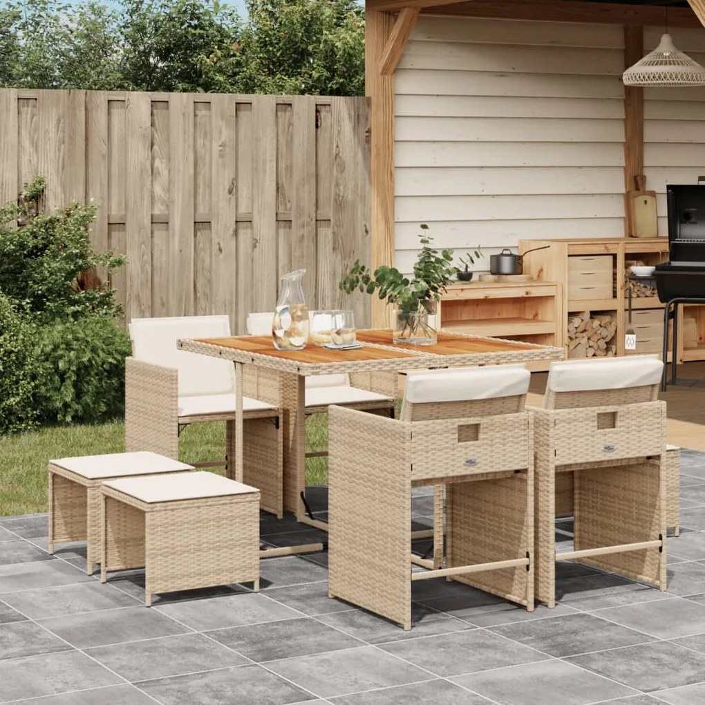 vidaXL 9 pcs conjunto de jantar p/ jardim com almofadões vime PE bege