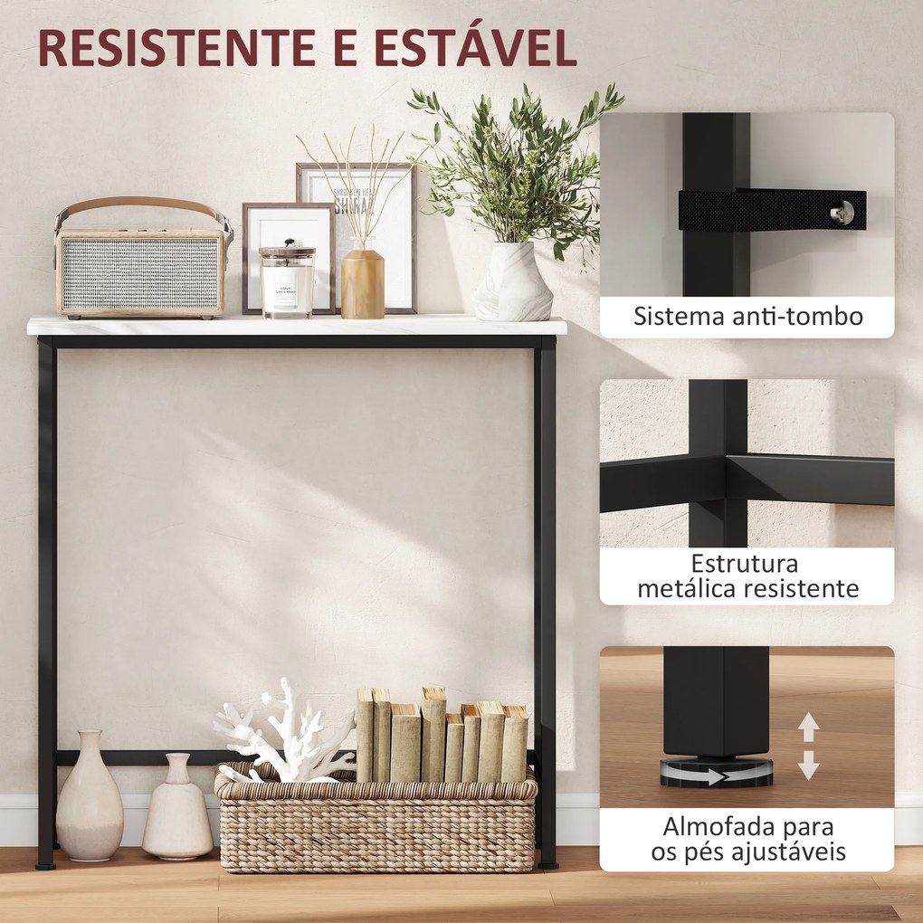 Mesa Consola Moderna Consola Estreita com Superfície com Efeito Mármore e Estrutura de Metal 75x24x76 cm Branco e Preto
