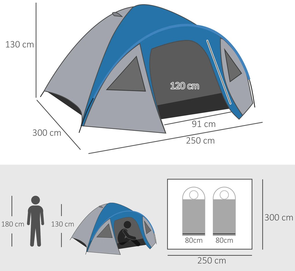 Tenda de Campismo para 4 Pessoas Tenda de Campismo com Janelas 2 Bolsos e Bolsa de Transporte 300x250x130 cm Cinza e Azul
