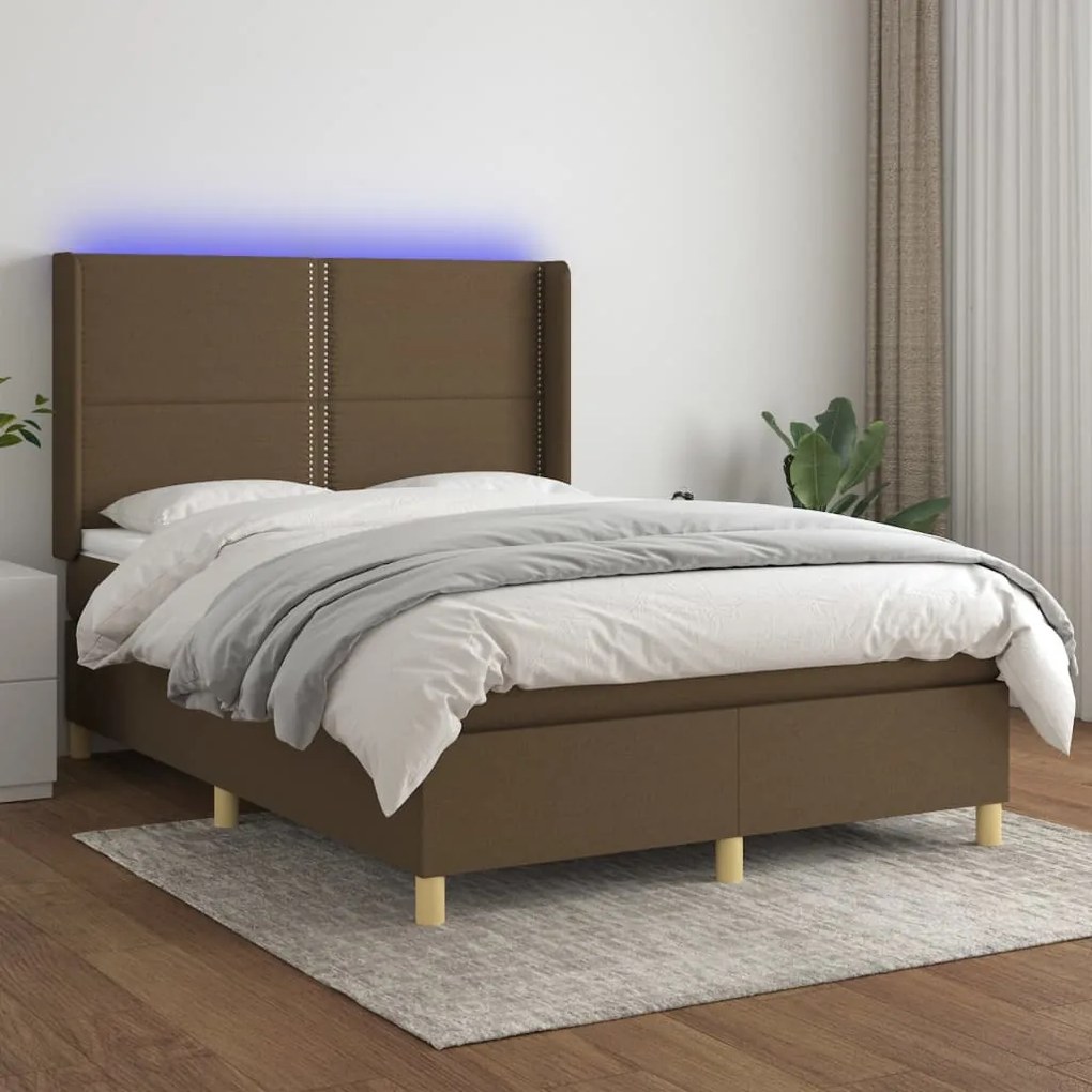 Cama box spring c/ colchão/LED 140x190cm tecido castanho-escuro