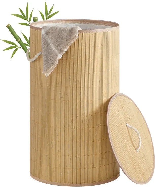 Cesto da roupa suja com tampa 90 L em bambu redondo, cor natural