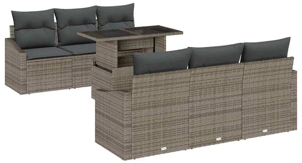 Conjunto de Sofá de Jardim de 7 Peças com Almofadas Cinza Polirattan