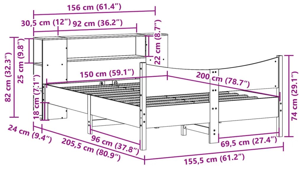 Cama sem colchão 150x200 cm madeira pinho maciça castanho-mel