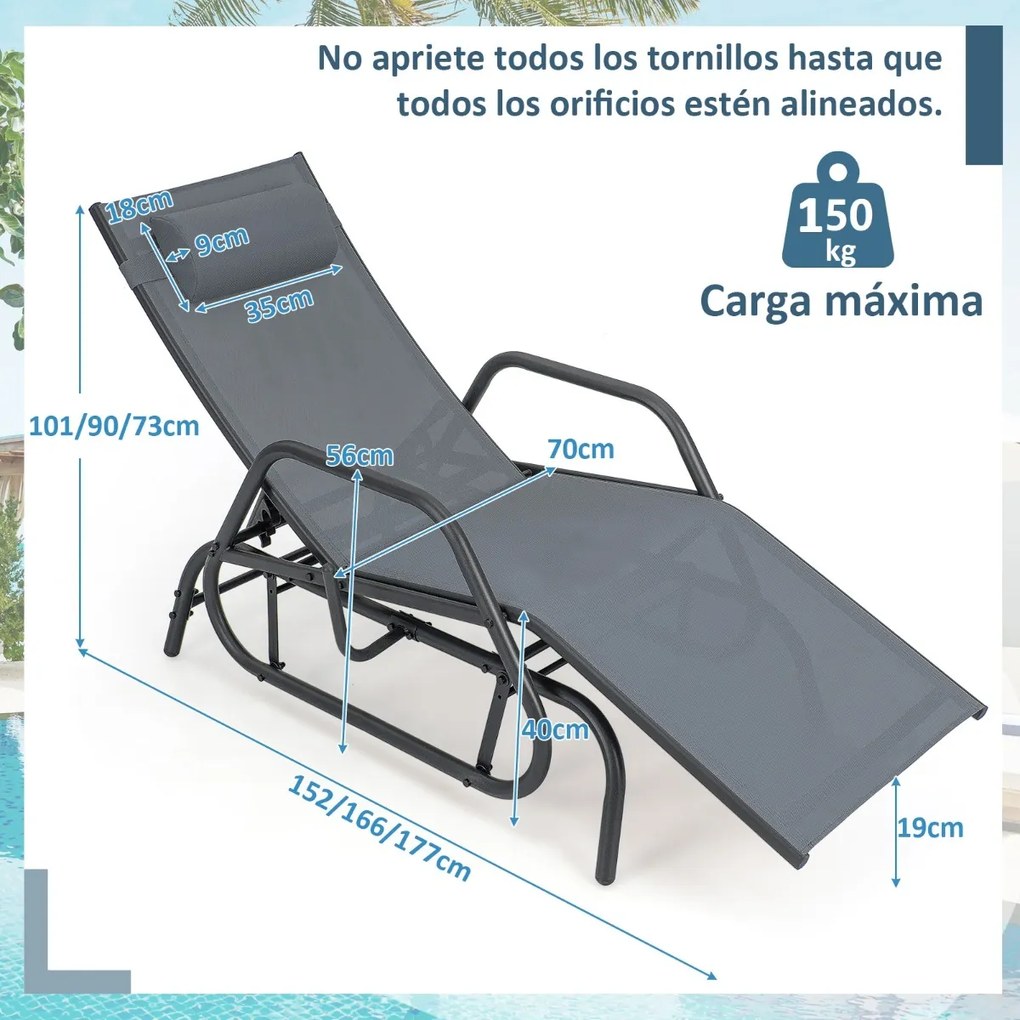 Espreguiçadeira de jardim com baloiço, braços e travesseiro cadeira de balanço encosto ajustável estrutura de metal para piscina de praia 177 x 70 x 1