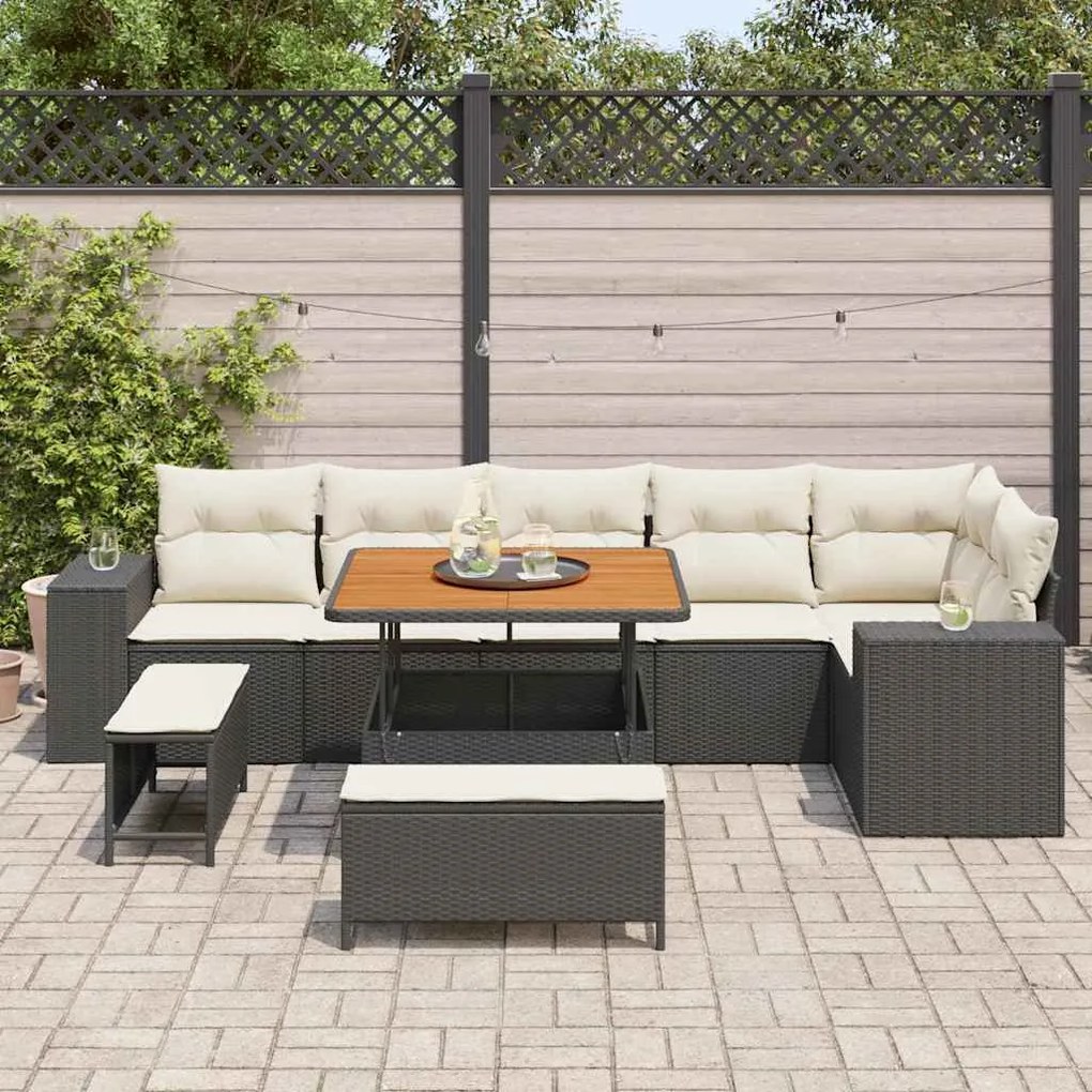 Conjunto de Sofá de Jardim de 9 Peças com Almofadas Preto Rattan Sinté