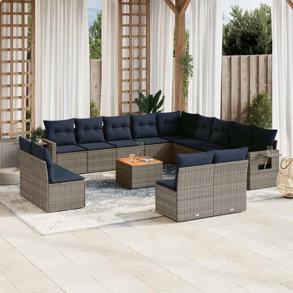 vidaXL 14 pcs conjunto sofás p/ jardim c/ almofadões vime PE cinzento