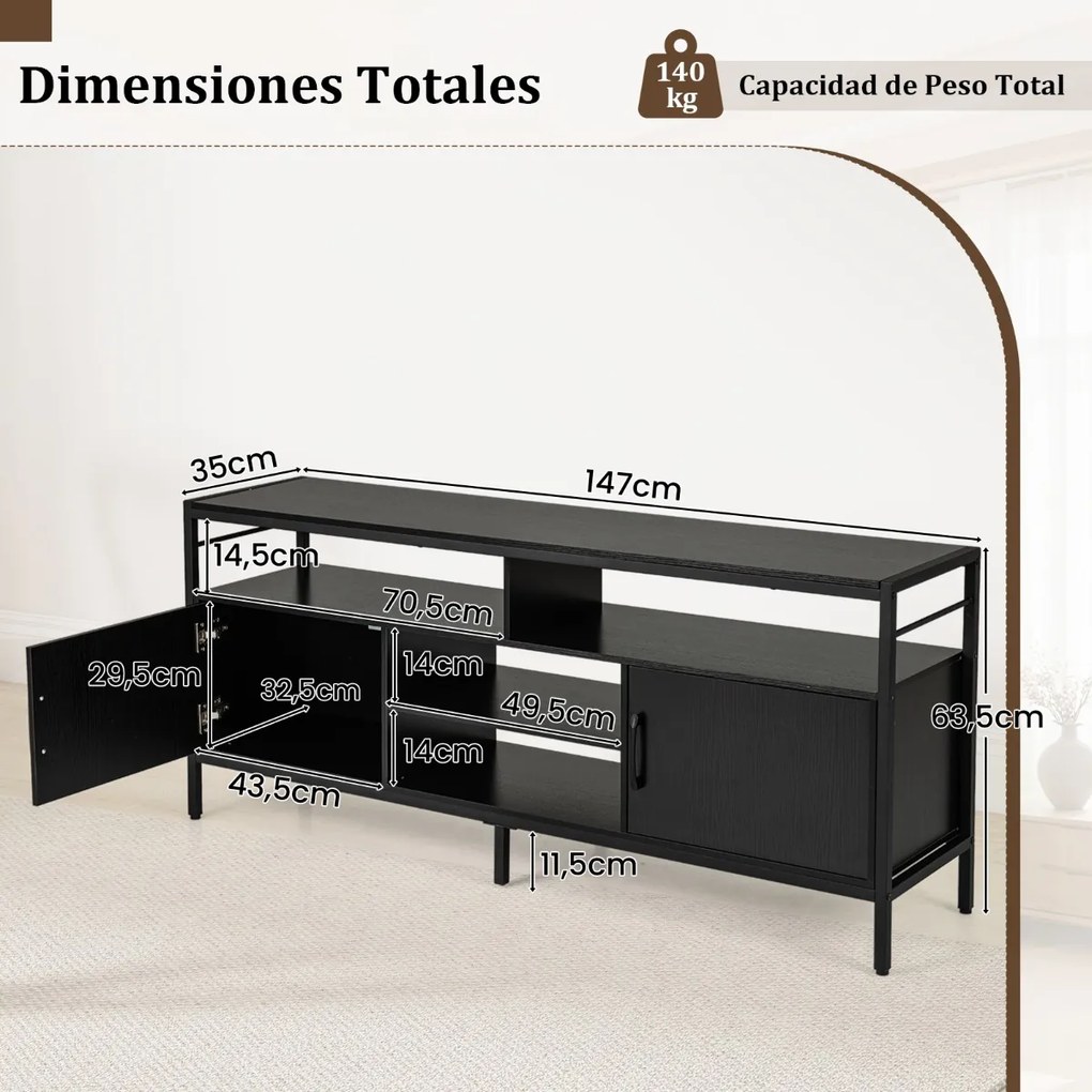 Móvel para TV até 65" com 2 armários e 4 prateleiras abertas, em madeira com pés de metal 147 x 35 x 63,5 cm Preto
