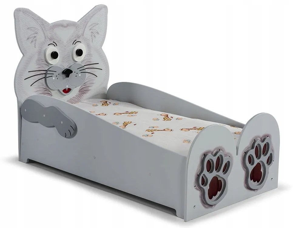 Cama para criança Animais Gatinho Pequena 165 x 87 x 112 cm, Oferta colchão e Estrado, confortável, capacidade de 100 kg Cinzenta