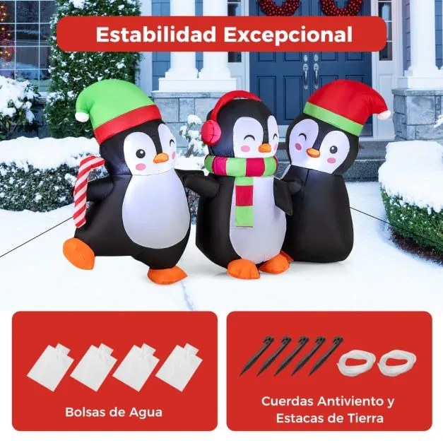 Conjunto de 3 pinguins insufláveis de Natal com iluminação LED Ventilador para pátio, relva, jardim 170 x 56 x 98 cm Multicolor