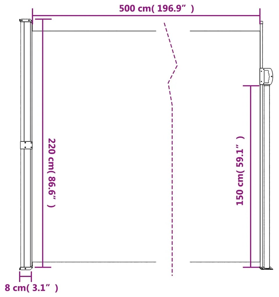 Toldo lateral retrátil 220x500 cm preto