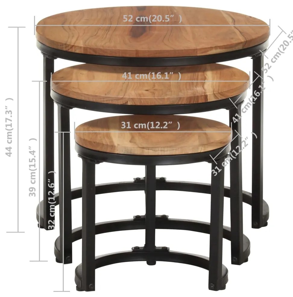Mesas de apoio 3 pcs madeira de acácia maciça