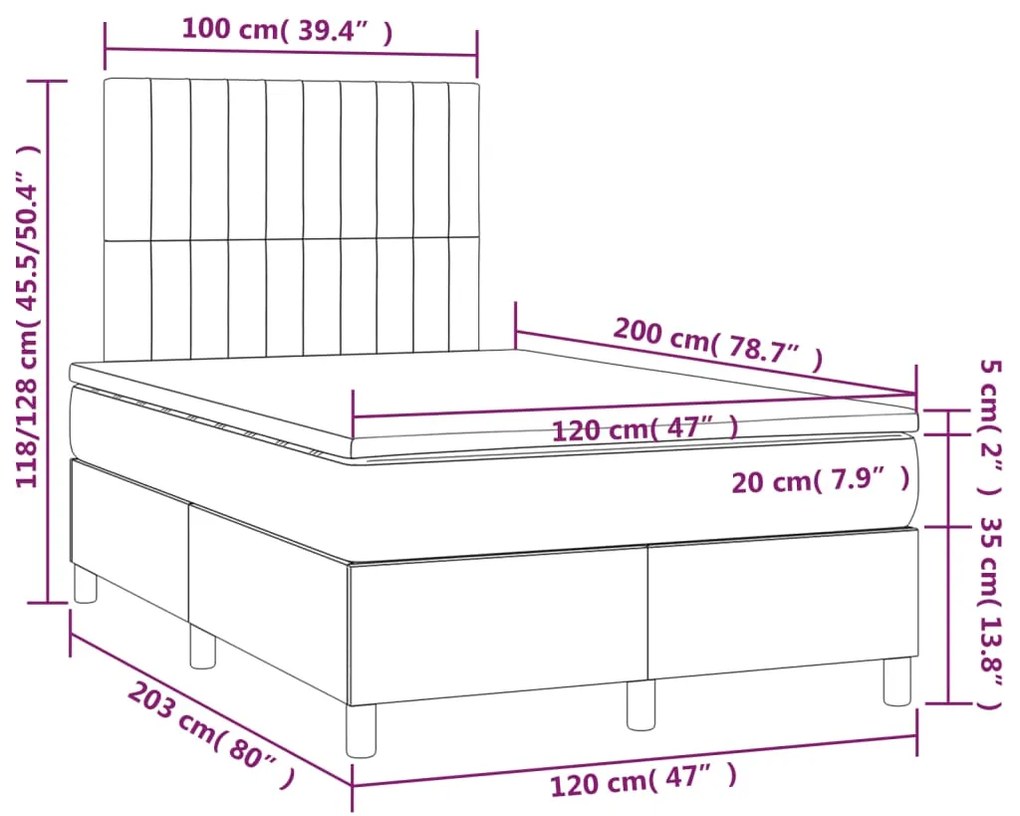 Cama boxspring c/ colchão 120x200 cm veludo cinzento-claro