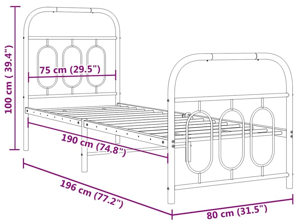 Estrutura de cama com cabeceira e pés 75x190 cm metal branco
