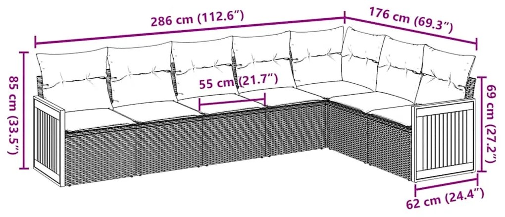 7 pcs conjunto de sofás p/ jardim com almofadões vime PE bege