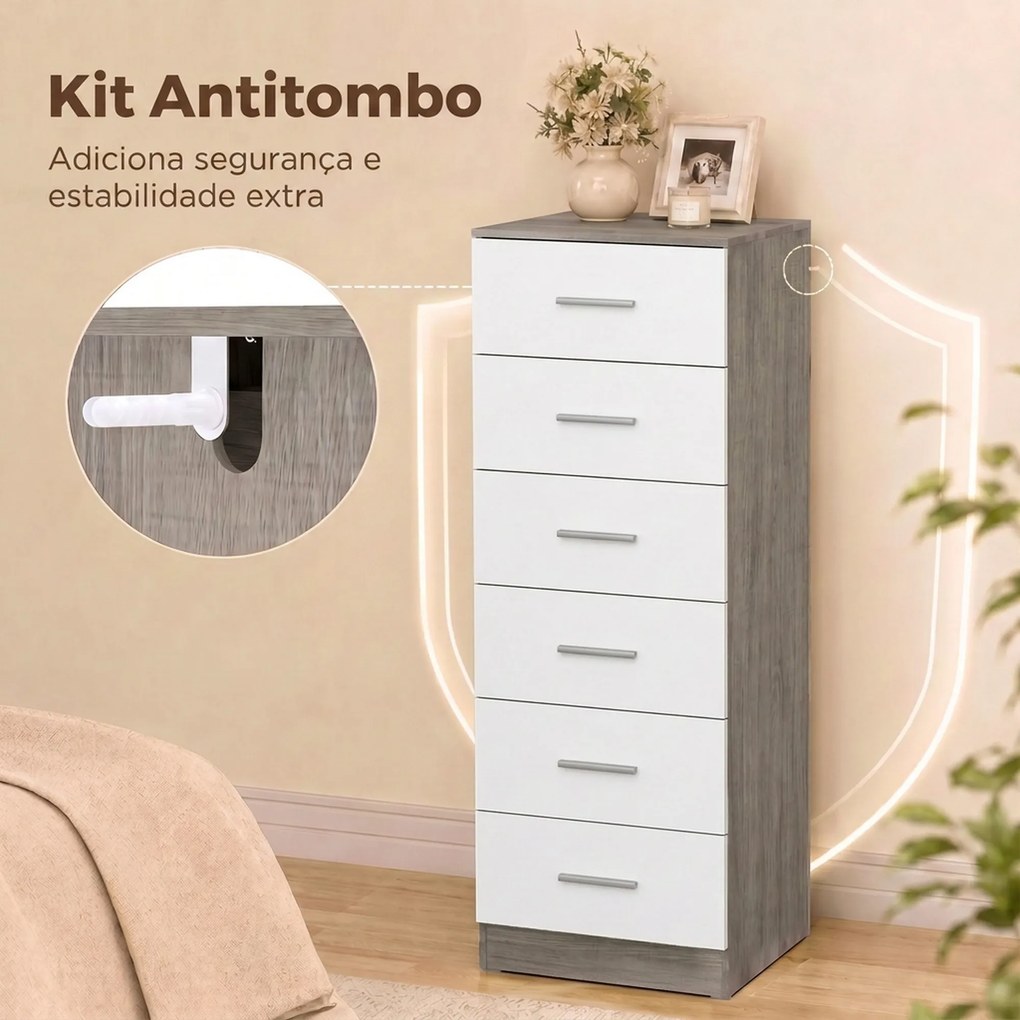 Cómoda de 6 Gavetas Alta para Quarto com Sistema Antitombo 40x40x110 cm Cinza-claro e Branco