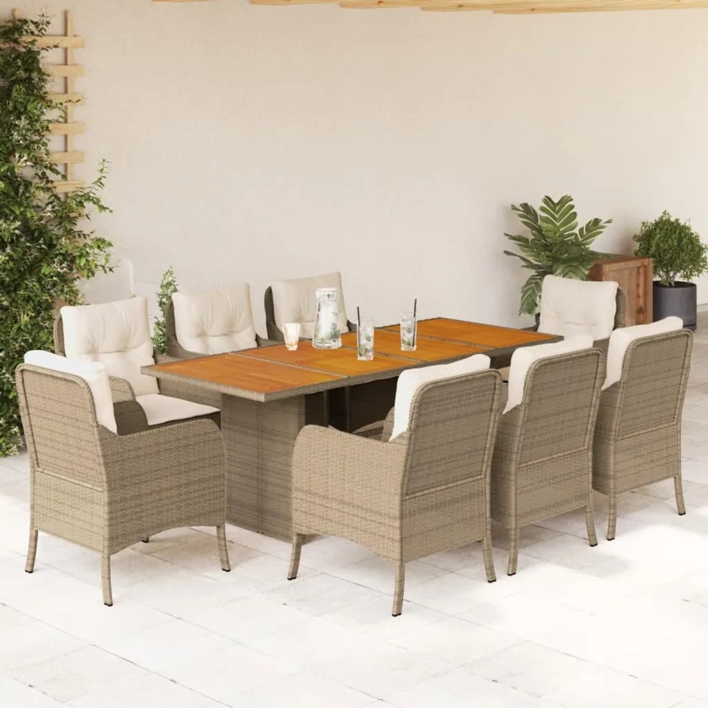 vidaXL 9 pcs conjunto de jantar p/ jardim com almofadões vime PE bege
