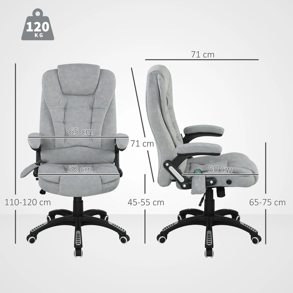 Cadeira de Escritório com 6 Pontos de Massagem Reclinável até 130° com Função de Aquecimento 65x71x110-120 cm Cinza