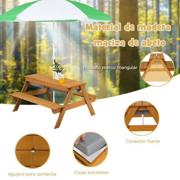 Mesa de piquenique infantil 3 em 1 com guarda-sol removível e ajustável de altura de 117 a 187 cm Mesa de madeira para pátio de jardim Verde