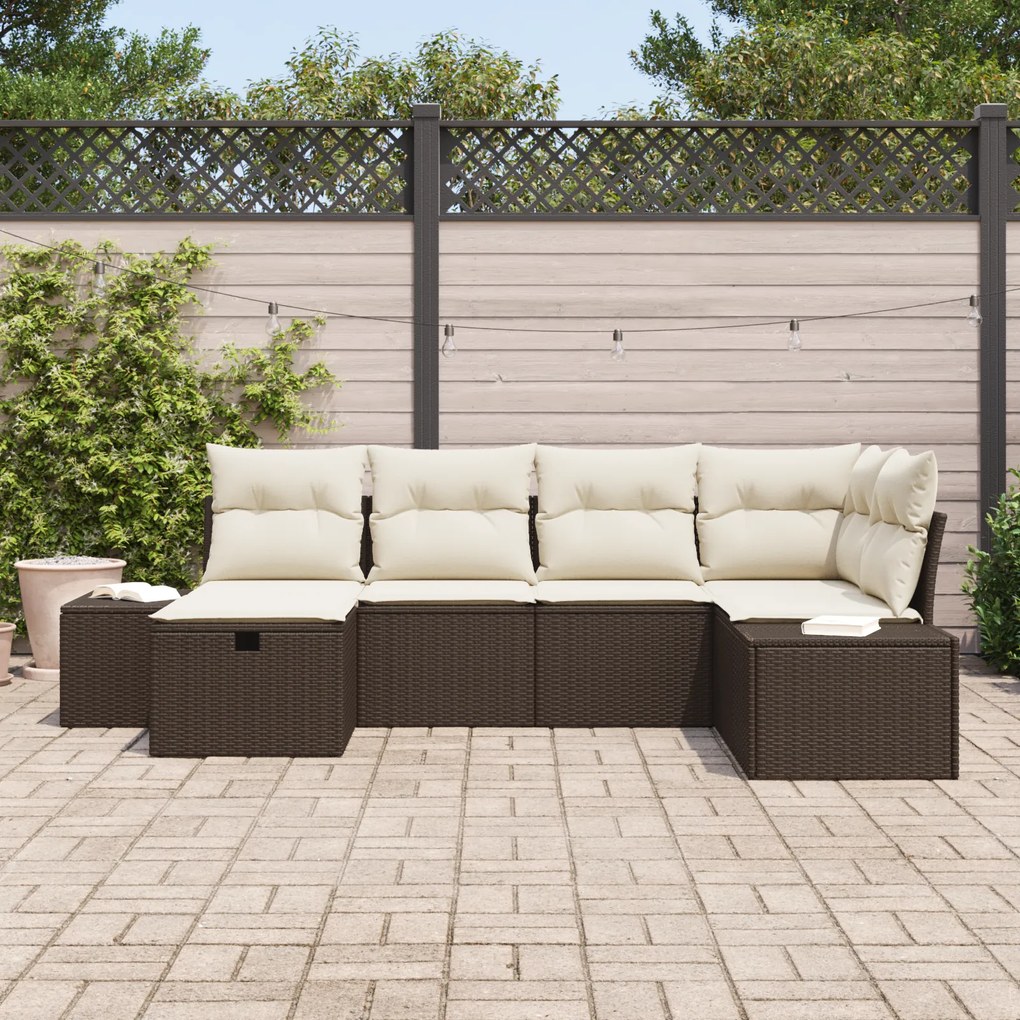 Conjunto de Sofá de Jardim de 6 Peças com Almofadas Castanho Vime Poli