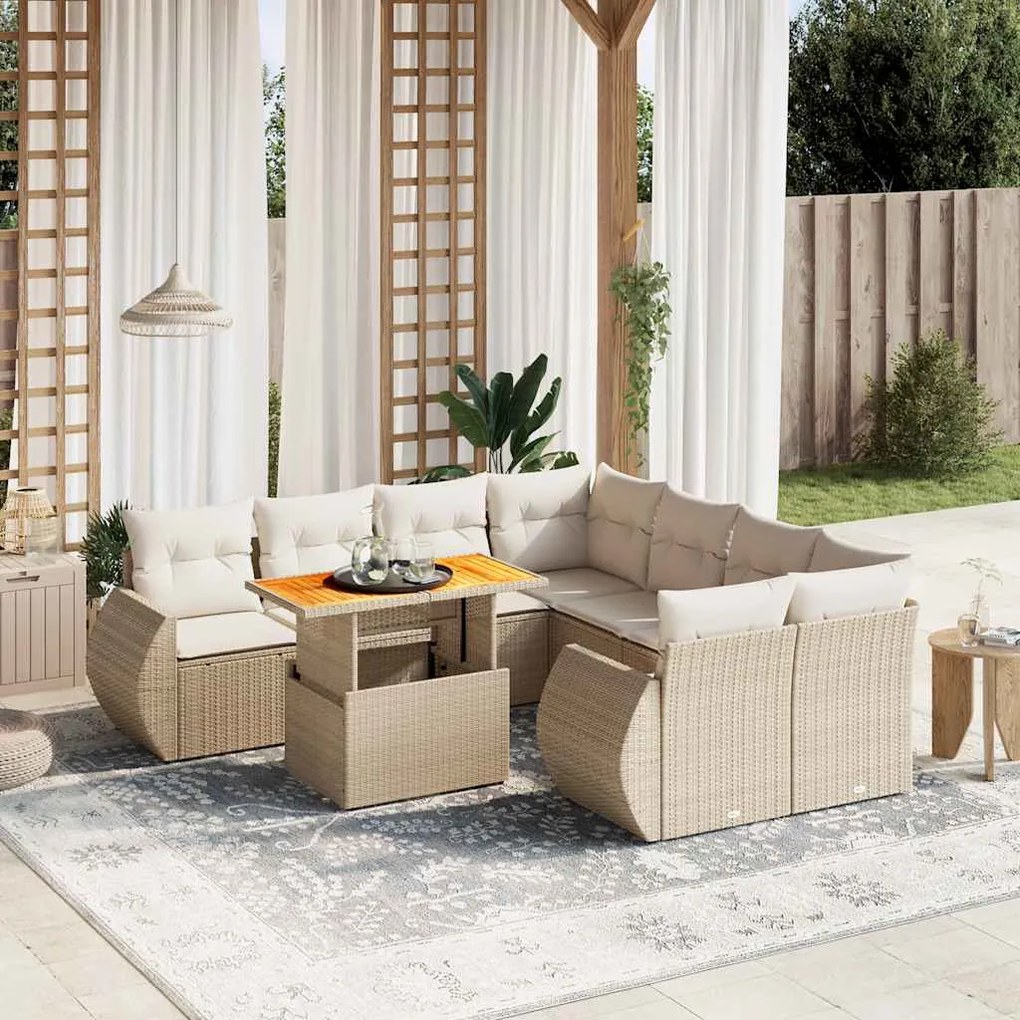 9 pcs conjunto de sofás p/ jardim com almofadões vime PE bege